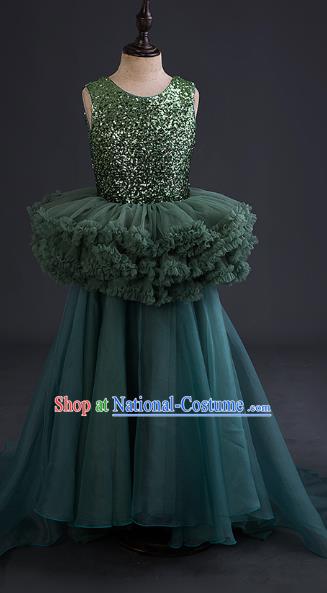 Top Children Cosplay Princess Deep Green Full Dress Compere Catwalks Stage Show Dance Costume for Kids