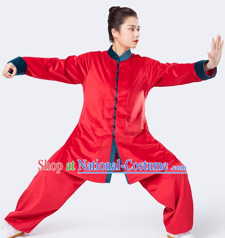 Traditional Chinese Tai Chi Red Velvet Outfits Martial Arts Stage Performance Costumes for Women