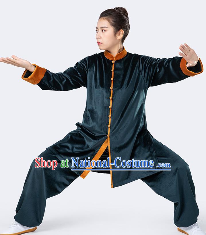 Traditional Chinese Tai Chi Atrovirens Velvet Outfits Martial Arts Stage Performance Costumes for Women