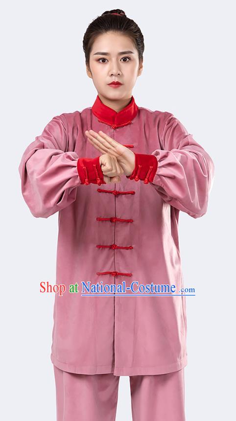 Traditional Chinese Tai Chi Competition Pink Velvet Outfits Martial Arts Stage Performance Costumes for Women