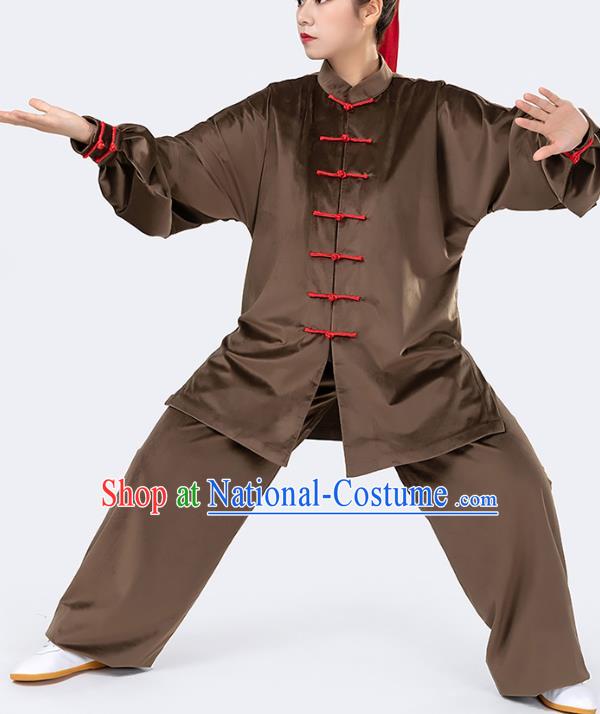 Traditional Chinese Tai Chi Competition Deep Brown Velvet Outfits Martial Arts Stage Performance Costumes for Women