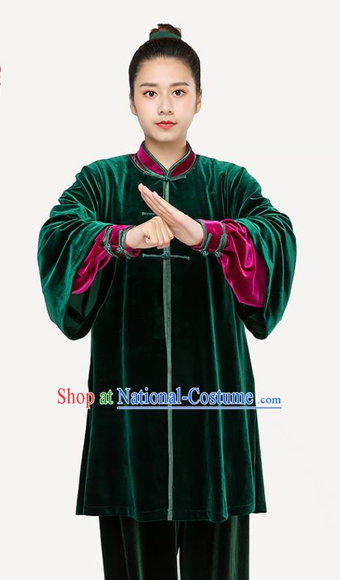 Traditional Chinese Tai Chi Competition Green Pleuche Outfits Martial Arts Stage Performance Costumes for Women