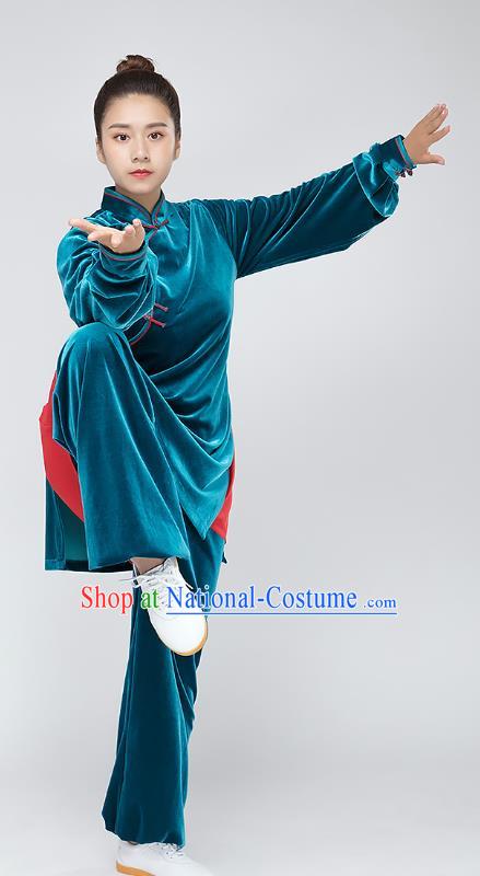 Top Tai Chi Kung Fu Blue Pleuche Outfits Chinese Traditional Martial Arts Stage Performance Costumes for Women