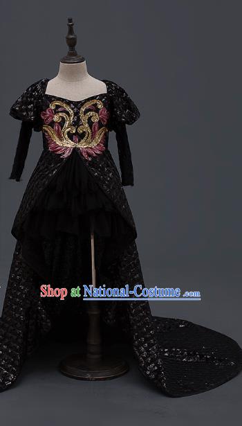 Top Children Cosplay Princess Black Trailing Full Dress Compere Catwalks Stage Show Dance Costume for Kids