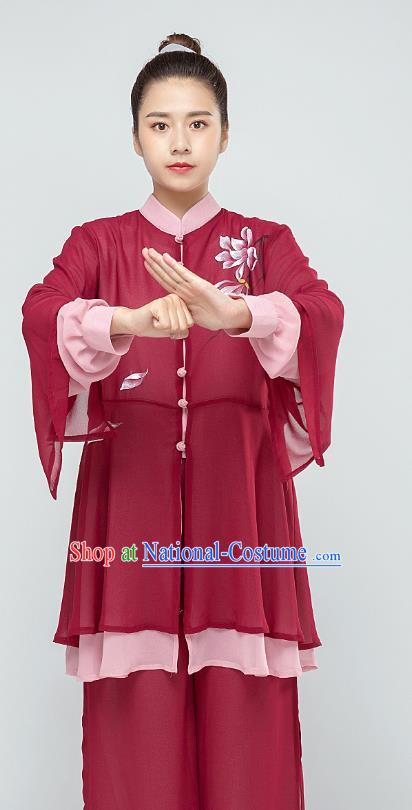 Top Tai Chi Kung Fu Hand Painting Mangnolia Wine Red Outfits Chinese Traditional Martial Arts Stage Performance Costumes for Women