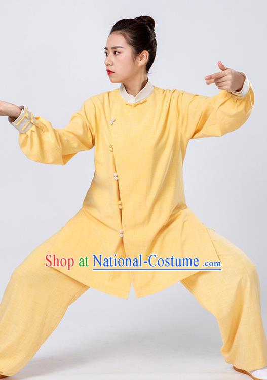 Top Tai Chi Kung Fu Yellow Outfits Chinese Traditional Martial Arts Competition Costumes for Women