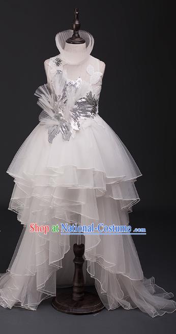 Top Children Cosplay Princess White Trailing Full Dress Compere Catwalks Stage Show Dance Costume for Kids