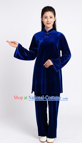 Top Tai Chi Kung Fu Competition Royalblue Pleuche Outfits Chinese Traditional Martial Arts Costumes for Women