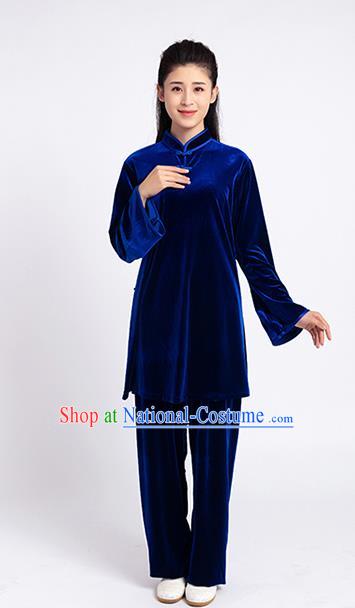 Top Tai Chi Kung Fu Competition Royalblue Pleuche Outfits Chinese Traditional Martial Arts Costumes for Women