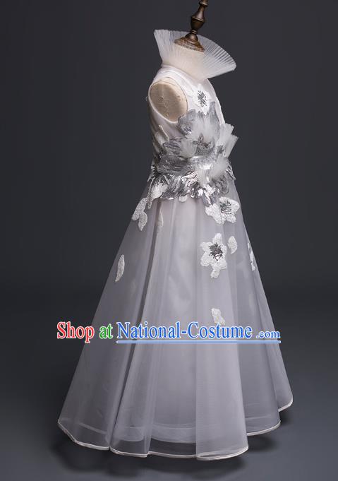 Top Children Cosplay Princess Grey Veil Long Dress Compere Catwalks Stage Show Dance Costume for Kids