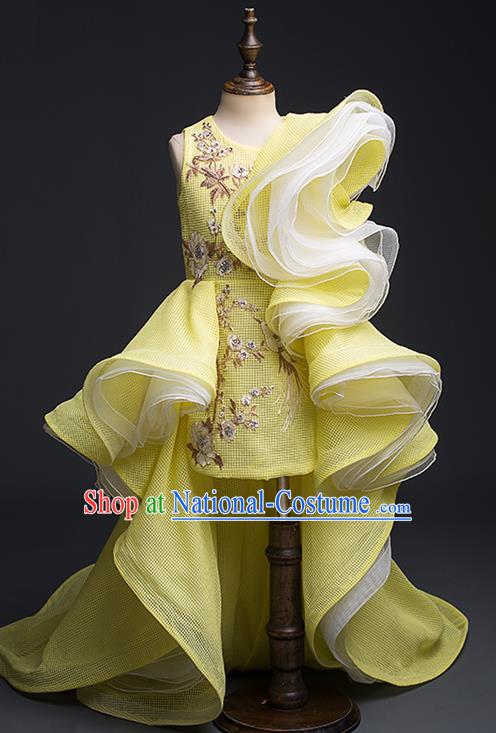 Top Children Modern Dance Yellow Trailing Dress Compere Catwalks Stage Show Costume for Kids