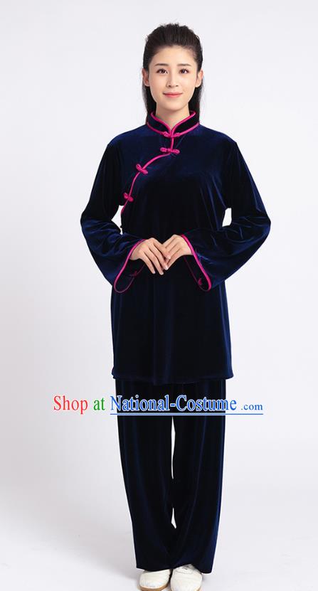 Top Tai Chi Kung Fu Competition Navy Pleuche Outfits Chinese Traditional Martial Arts Costumes for Women