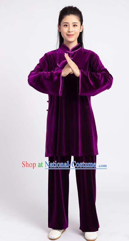 Top Tai Chi Kung Fu Competition Purple Pleuche Outfits Chinese Traditional Martial Arts Costumes for Women