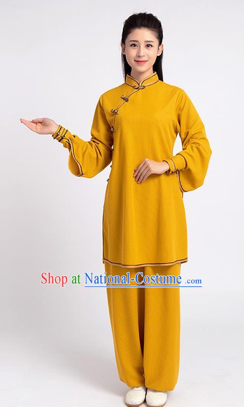 Top Chinese Tai Chi Kung Fu Yellow Outfits Traditional Martial Arts Competition Costumes for Women