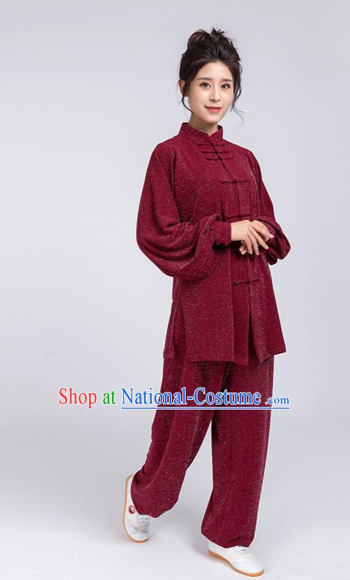 Top Chinese Tai Chi Training Wine Red Outfits Traditional Kung Fu Martial Arts Competition Costumes for Women