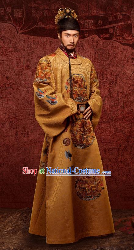 Chinese Ancient Drama Ming Dynasty Yingzong Emperor Imperial Robe Zhu Qizhen Lay Zhang Replica Costumes and Headpiece Complete Set