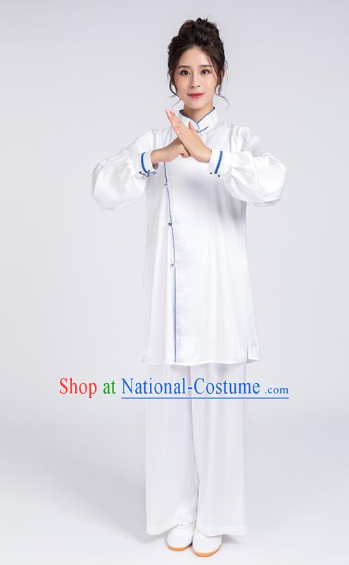 Top Chinese Martial Arts Blue Edge Outfits Traditional Tai Chi Kung Fu Training Costumes for Women