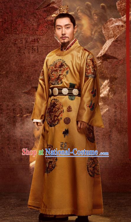 Chinese Ancient Ming Dynasty Jingtai Emperor Imperial Robe Drama Empress of the Ming Zhu Qiyu Replica Costumes and Headpiece for Men