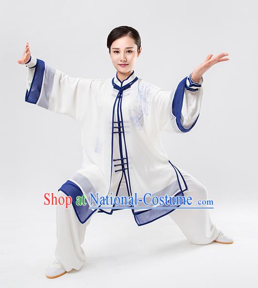 Top Chinese Martial Arts Printing Blue Outfits Traditional Tai Chi Kung Fu Training Costumes for Women