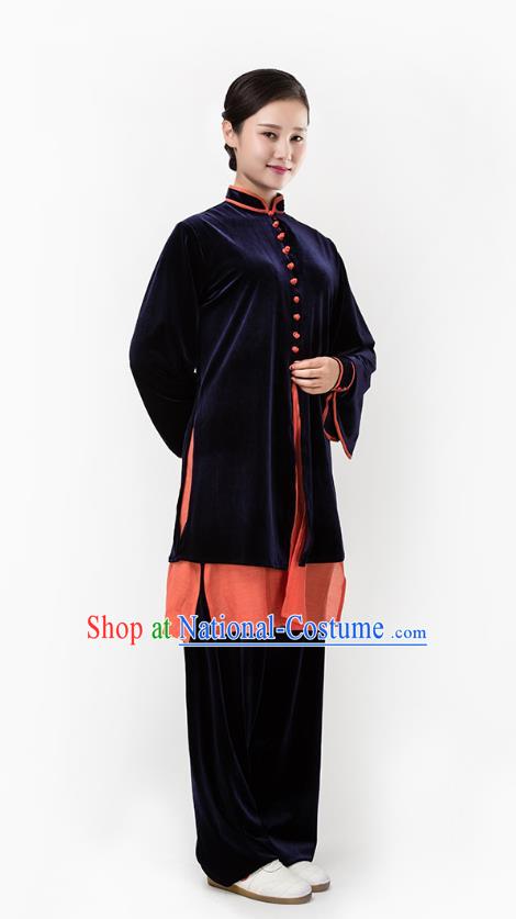 Top Chinese Martial Arts Navy Pleuche Outfits Traditional Tai Chi Kung Fu Training Costumes for Women