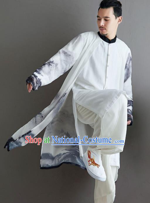 Top Chinese Ink Painting Chiffon Tang Suit Outfits Traditional Tai Chi Kung Fu Costumes for Men