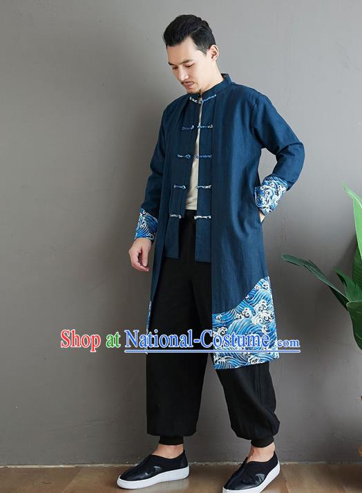 Top Chinese Tang Suit Navy Flax Coat Traditional Tai Chi Kung Fu Costume for Men