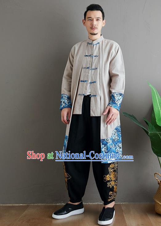 Top Chinese Tang Suit Beige Flax Coat Traditional Tai Chi Kung Fu Costume for Men