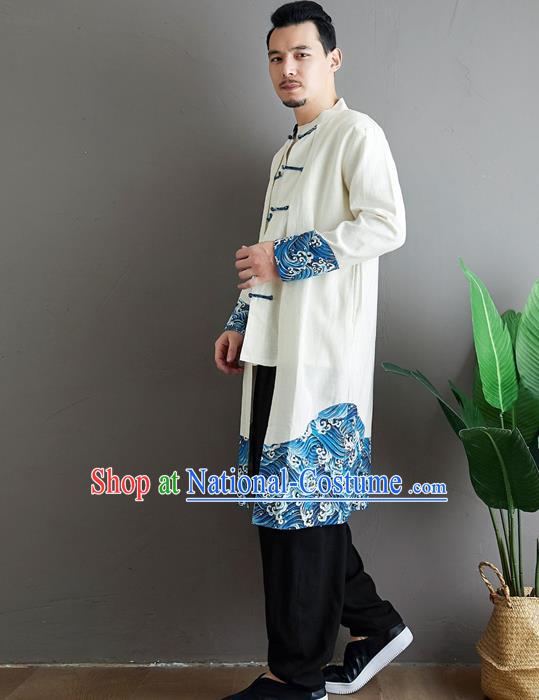 Top Chinese Tang Suit White Flax Coat Traditional Tai Chi Kung Fu Costume for Men