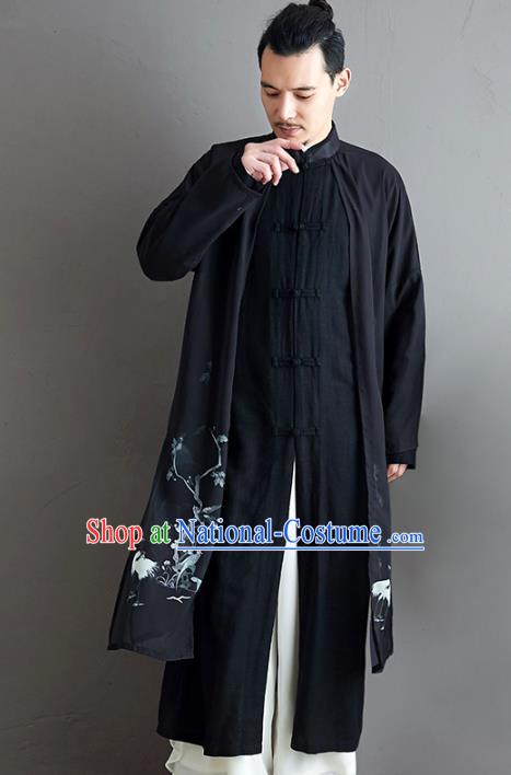 Top Chinese Tang Suit Printing Crane Black Flax Coat Traditional Tai Chi Kung Fu Overcoat Costume for Men