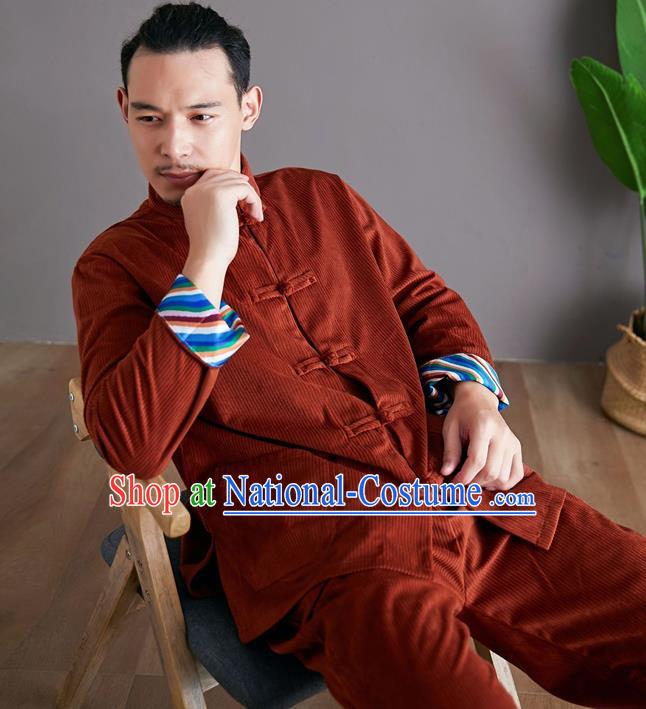 Chinese Martial Arts Rust Red Corduroy Outfits Traditional Tai Chi Kung Fu Training Costumes for Men