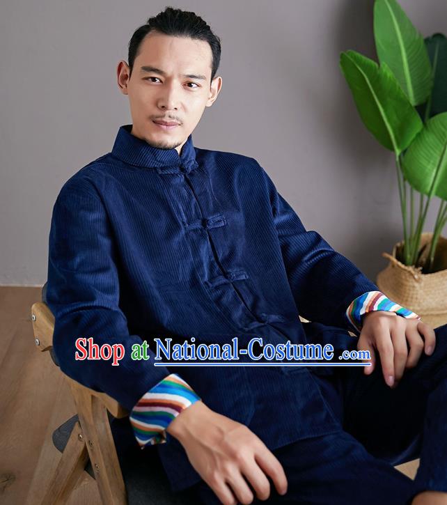 Chinese Martial Arts Deep Blue Corduroy Outfits Traditional Tai Chi Kung Fu Training Costumes for Men