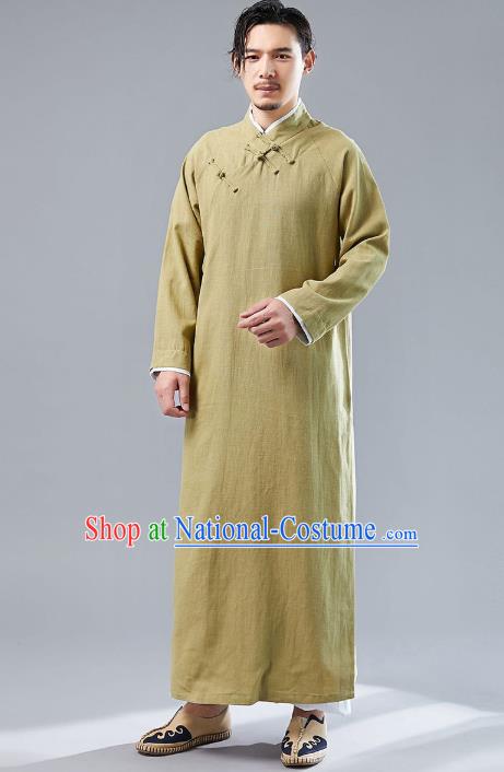 Top Chinese Tang Suit Ginger Flax Robe Traditional Republic of China Kung Fu Costumes for Men