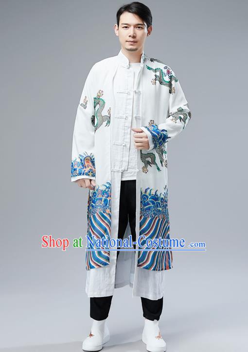 Top Chinese Tang Suit Printing Dragon White Gown Traditional Republic of China Kung Fu Overcoat Costumes for Men