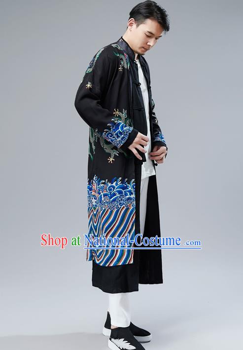 Top Chinese Tang Suit Printing Dragon Black Gown Traditional Republic of China Kung Fu Overcoat Costumes for Men