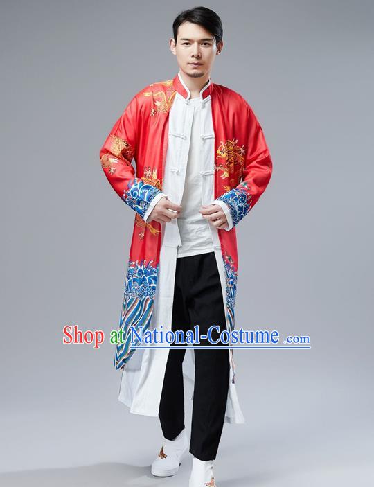 Top Chinese Tang Suit Printing Dragon Red Gown Traditional Republic of China Kung Fu Overcoat Costumes for Men