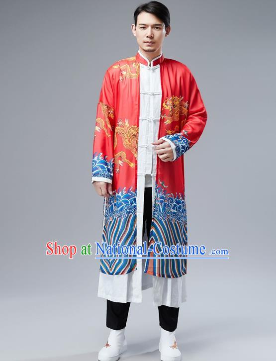 Top Chinese Tang Suit Printing Dragon Red Gown Traditional Republic of China Kung Fu Overcoat Costumes for Men