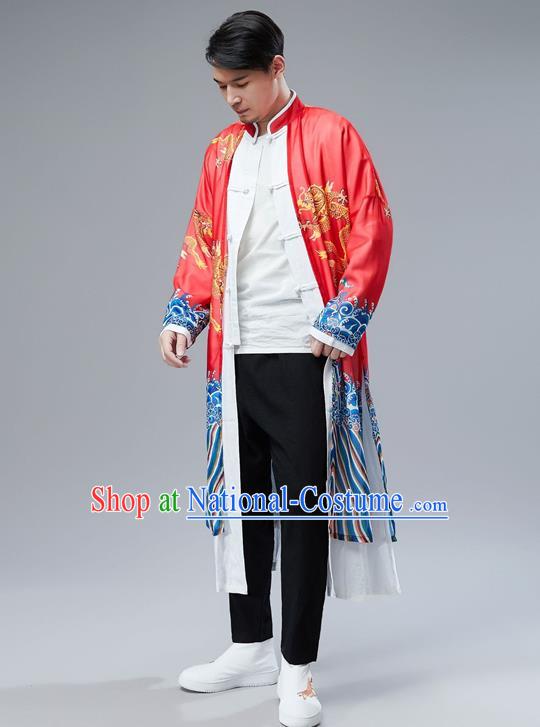 Top Chinese Tang Suit Printing Dragon Red Gown Traditional Republic of China Kung Fu Overcoat Costumes for Men