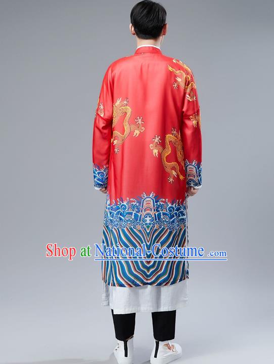 Top Chinese Tang Suit Printing Dragon Red Gown Traditional Republic of China Kung Fu Overcoat Costumes for Men