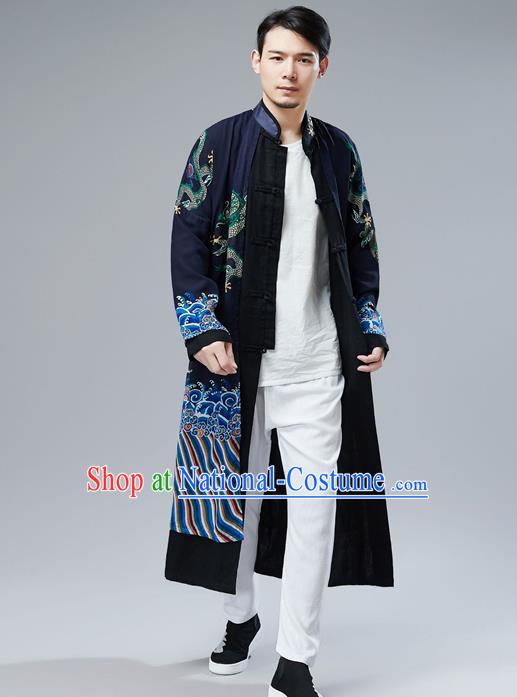 Top Chinese Tang Suit Printing Dragon Navy Gown Traditional Republic of China Kung Fu Overcoat Costumes for Men