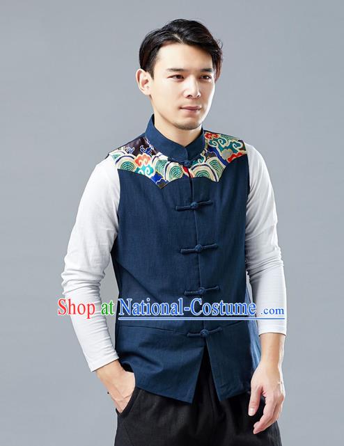 Chinese Tang Suit Printing Navy Vest Traditional Tai Chi Kung Fu Waistcoat Upper Outer Garment Costume for Men