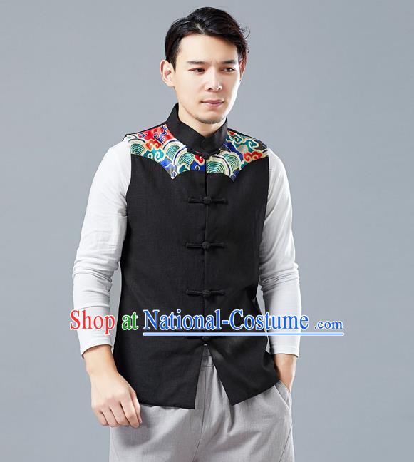 Chinese Tang Suit Printing Black Vest Traditional Tai Chi Kung Fu Waistcoat Upper Outer Garment Costume for Men