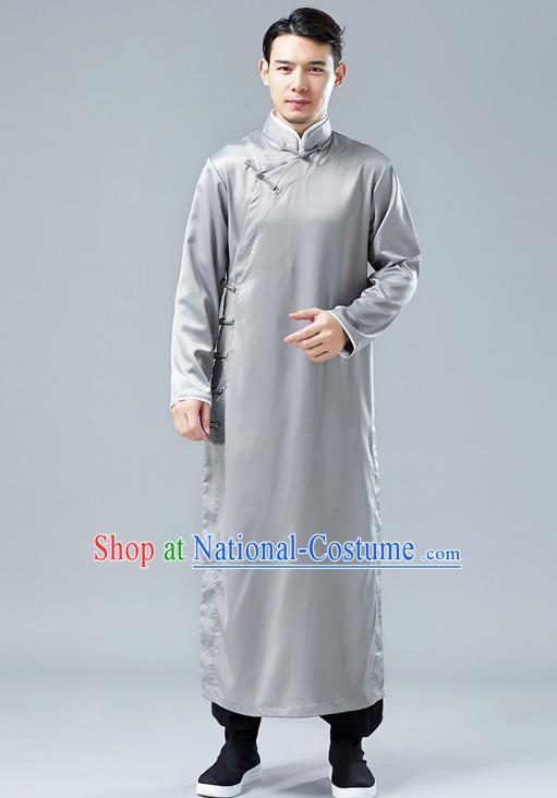 Top Chinese Tang Suit Grey Silk Robe Traditional Republic of China Kung Fu Gown Costumes for Men