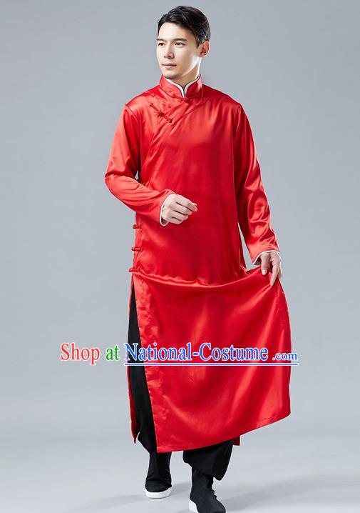 Top Chinese Tang Suit Red Silk Robe Traditional Republic of China Kung Fu Gown Costumes for Men