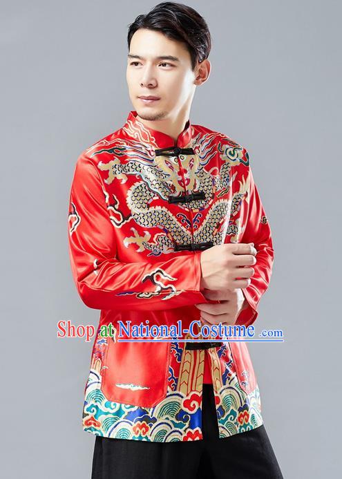 Top Chinese Tang Suit Printing Red Coat Traditional Tai Chi Kung Fu Overcoat Costume for Men