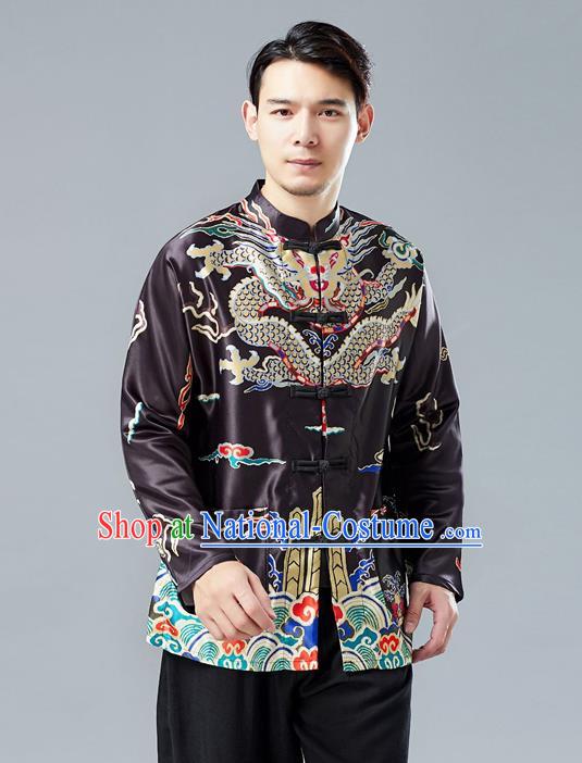 Top Chinese Tang Suit Printing Black Coat Traditional Tai Chi Kung Fu Overcoat Costume for Men