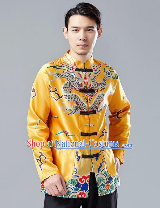 Top Chinese Tang Suit Printing Yellow Coat Traditional Tai Chi Kung Fu Overcoat Costume for Men