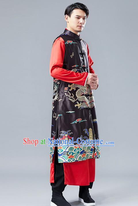 Chinese Tang Suit Printing Dragon Black Long Vest Traditional Tai Chi Kung Fu Overcoat Upper Outer Garment Costume for Men