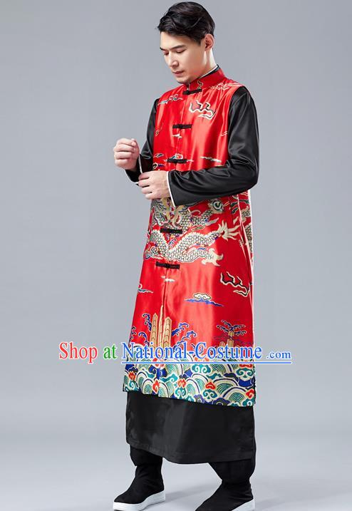 Chinese Tang Suit Printing Dragon Red Long Vest Traditional Tai Chi Kung Fu Overcoat Upper Outer Garment Costume for Men