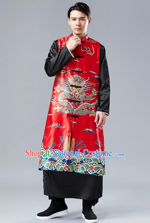 Chinese Tang Suit Printing Dragon Red Long Vest Traditional Tai Chi Kung Fu Overcoat Upper Outer Garment Costume for Men