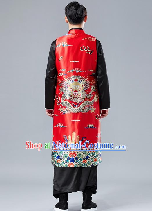 Chinese Tang Suit Printing Dragon Red Long Vest Traditional Tai Chi Kung Fu Overcoat Upper Outer Garment Costume for Men